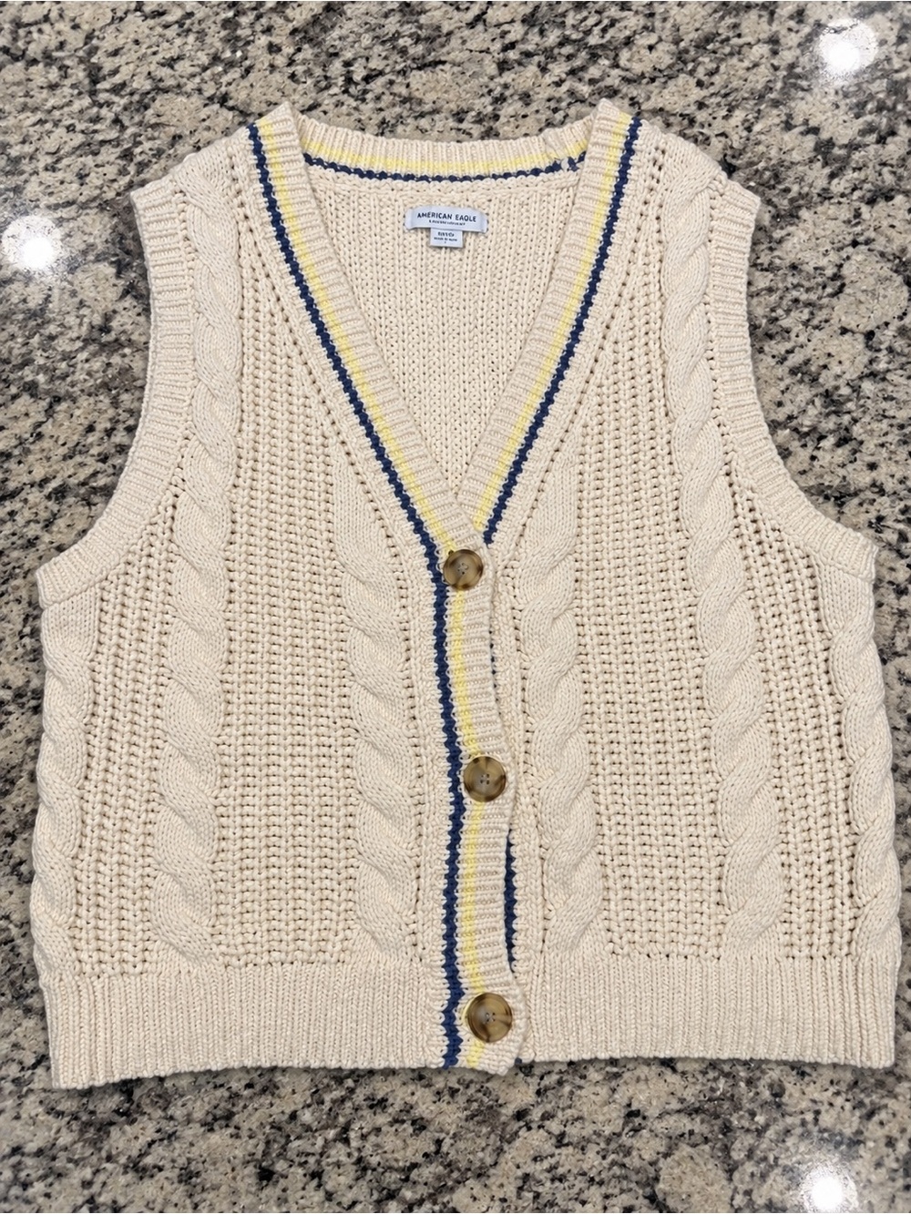 American Eagle Outfitters Cream Cable Knit Vest with Navy & Yellow Trim